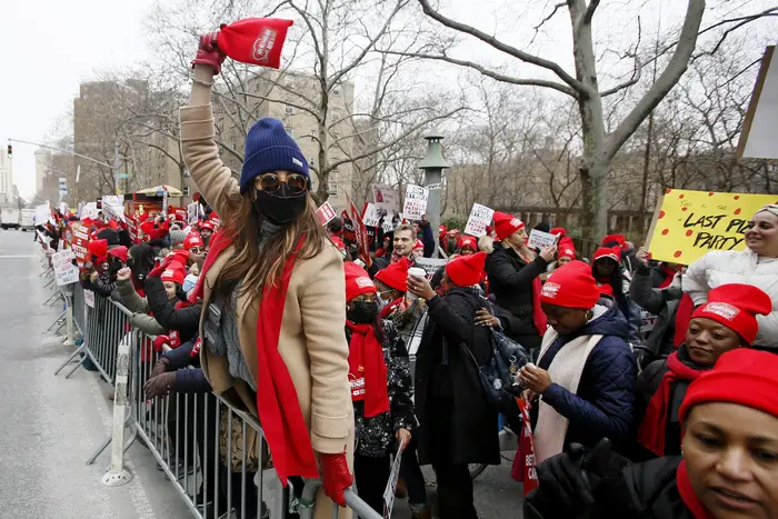 A nurse shouts slogans at Mount Sinai Hospital during their 3rd day on strike on Jan. 11, 2023.